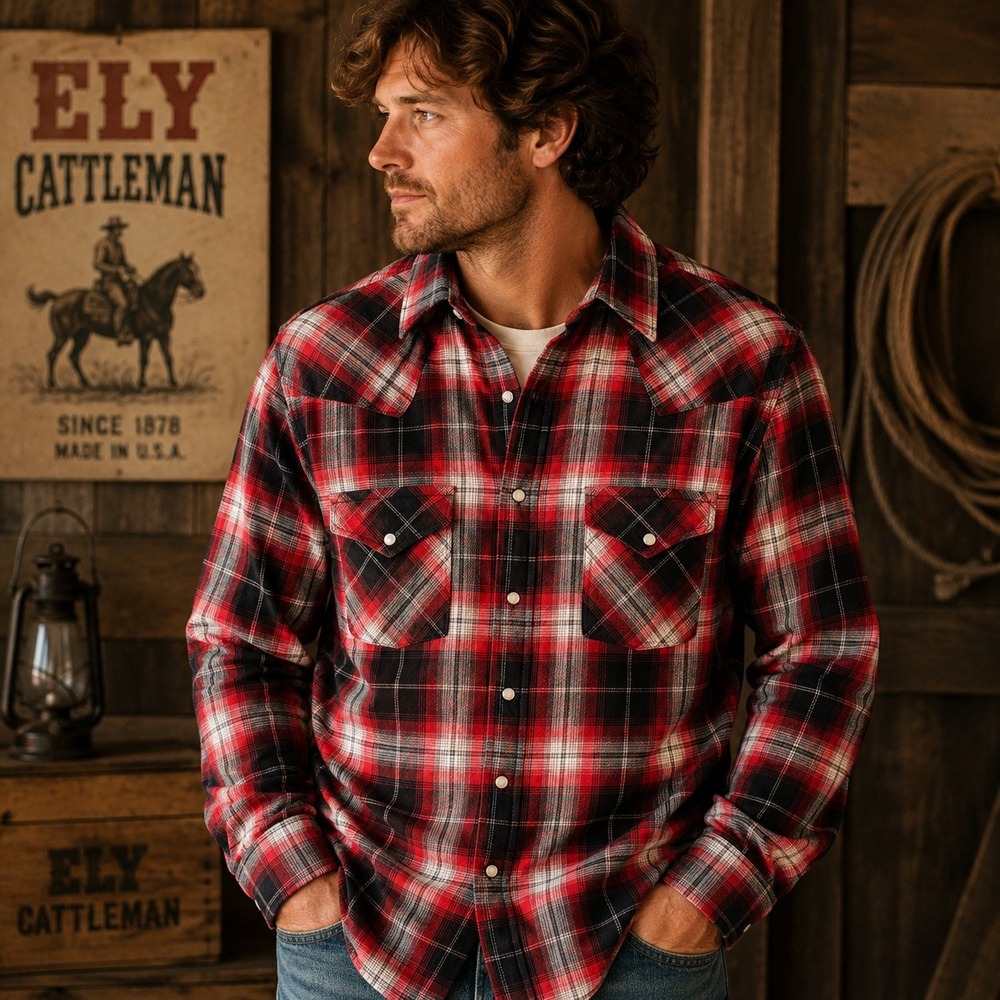 Ely Cattleman‎ Mens Tall Red Black Plaid Pearl Snap Western Shirt 2XLT